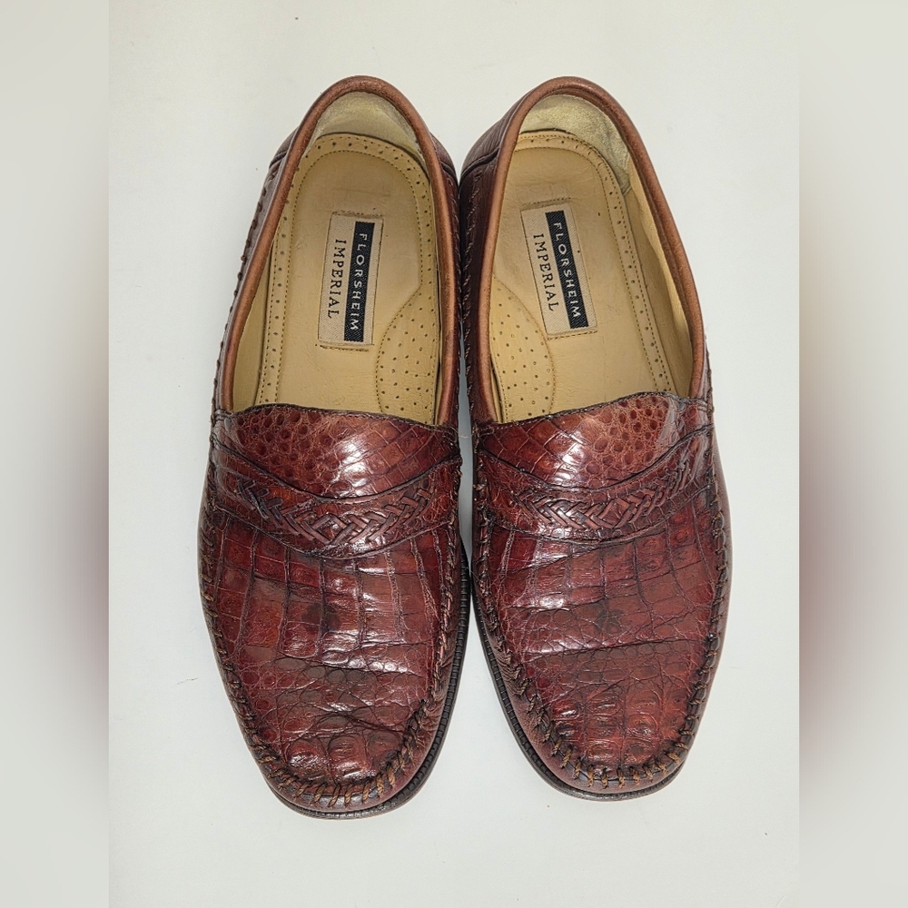 Genuine Caiman Alligator Imperial Loafers Brown Florsheim Imperial Mens Sz 38D